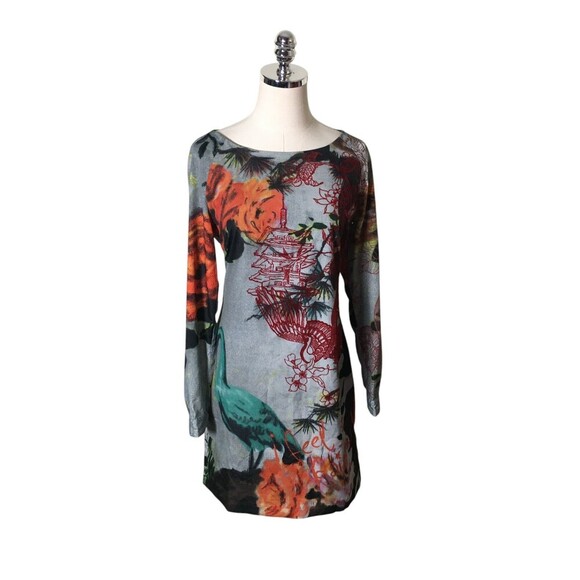 Desigual Dress Women's Size XS/S Gray Floral Bird Midi - Picture 1 of 6